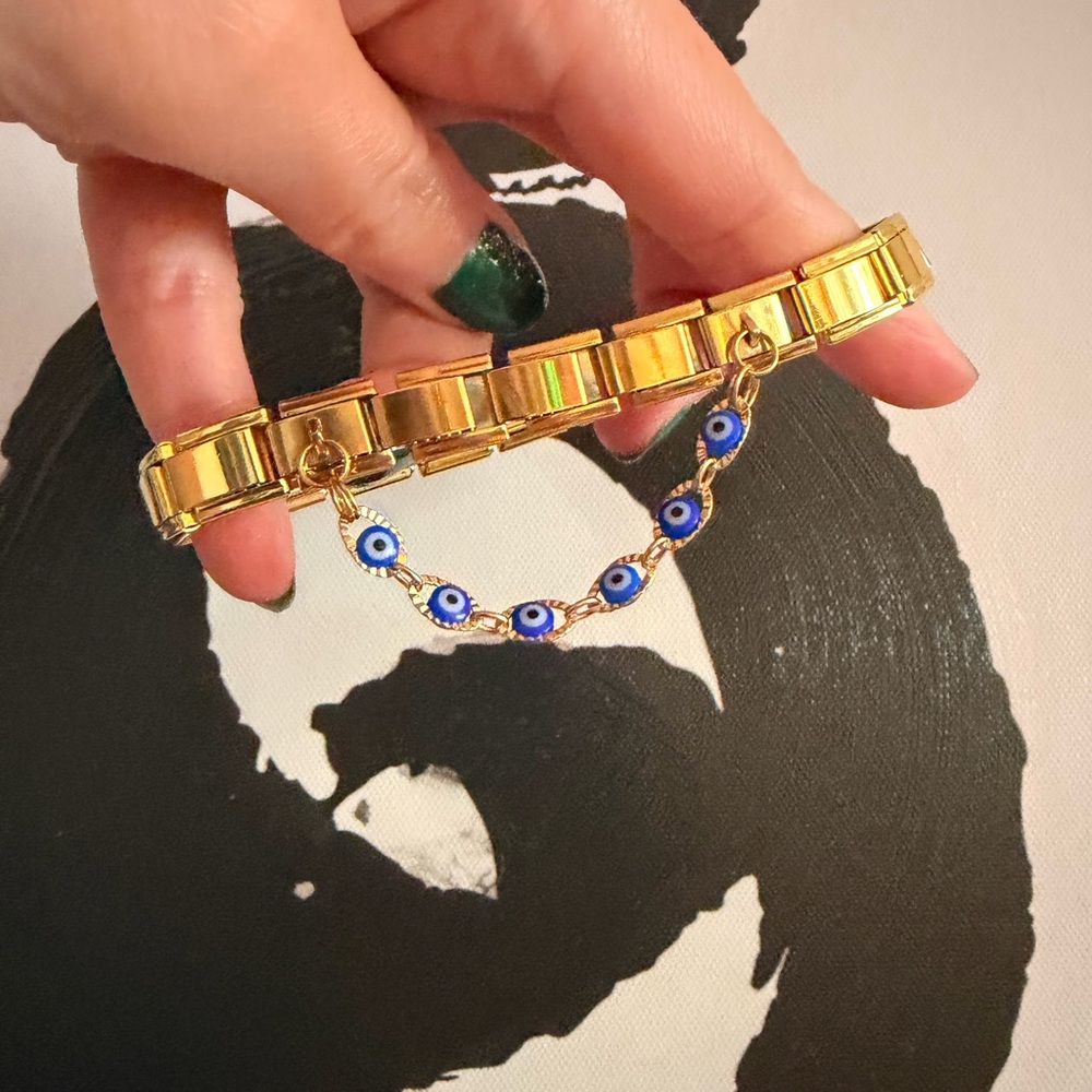 Gold Tone Italian Charm Bracelet with Evil Eyes Dangle Chain